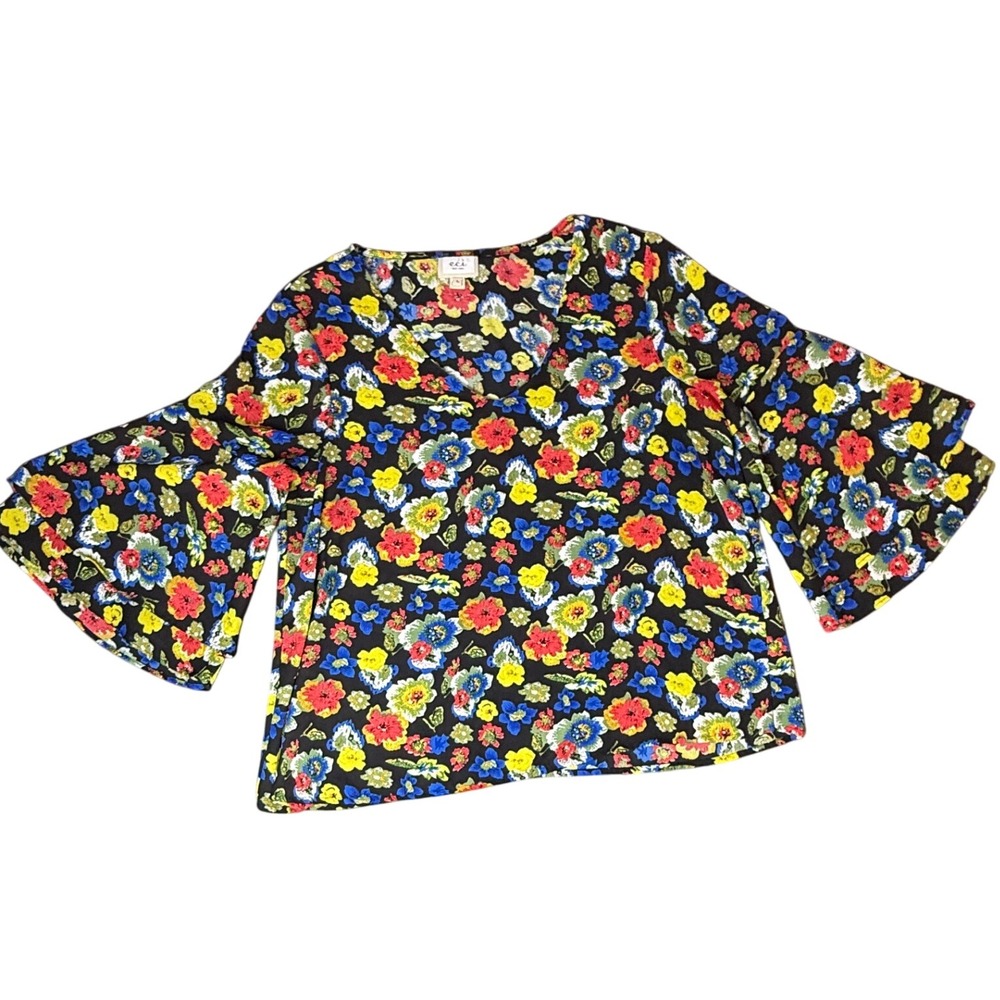 ECI New York Floral Print Bell Sleeve Blouse‎ Top Multicolor Large